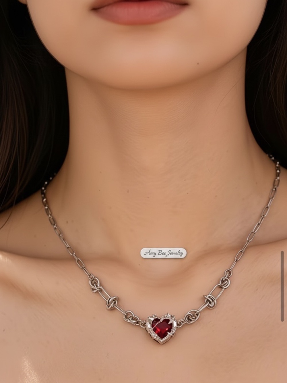 18k White Gold Plated Twisted Promise Necklace with Ruby CZ Heart, New.